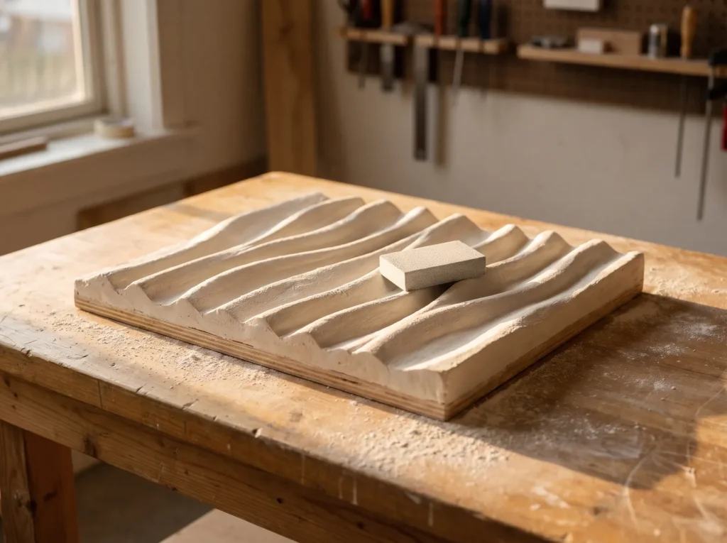 Fine-grit sanding sponge resting on the crest of a cream plaster wave panel, with fine plaster dust on the peaks and worktable.