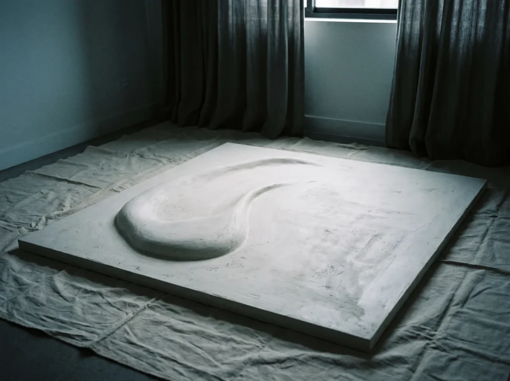 Sculptural plaster panel curing flat on the floor in a cool dim room, away from sun and heat.