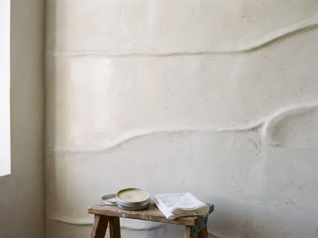 Open tin of natural carnauba paste wax and a lint-free cotton cloth on a stool beside an off-white sculpted plaster wall mural.