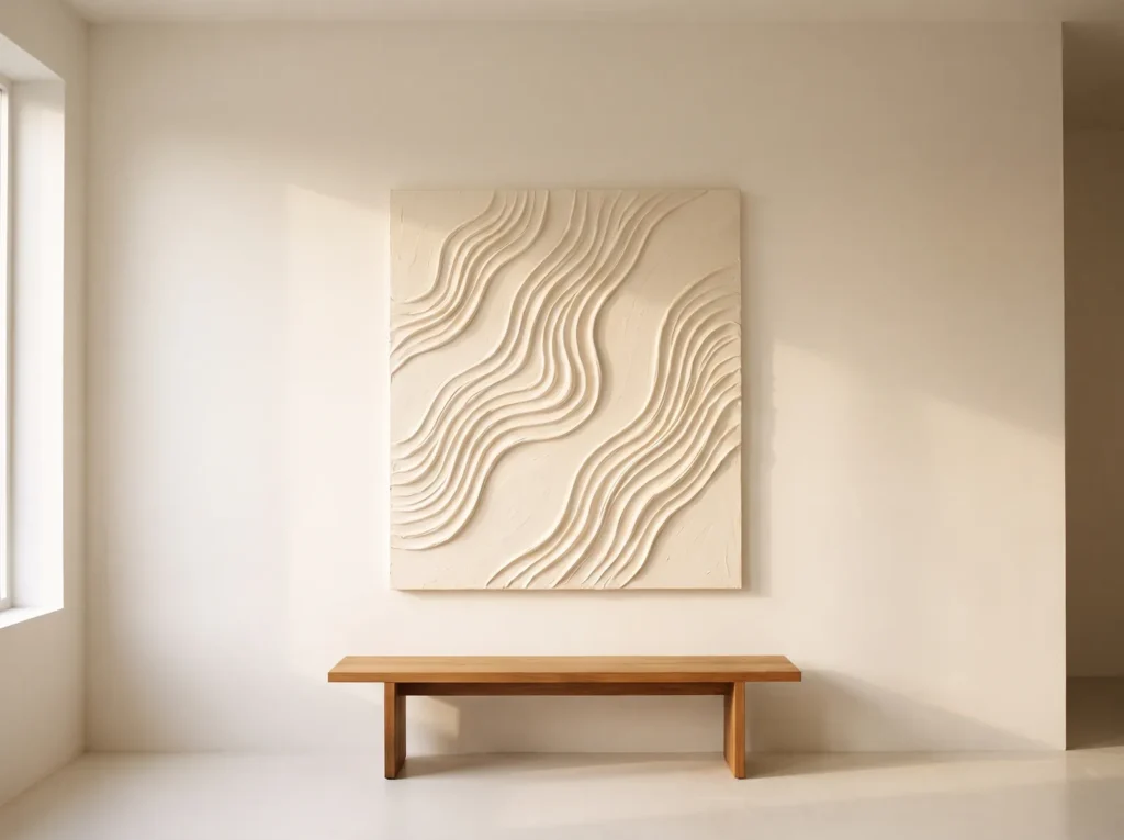 A single large abstract plaster artwork hanging alone on a wide empty wall, surrounded by open negative space.