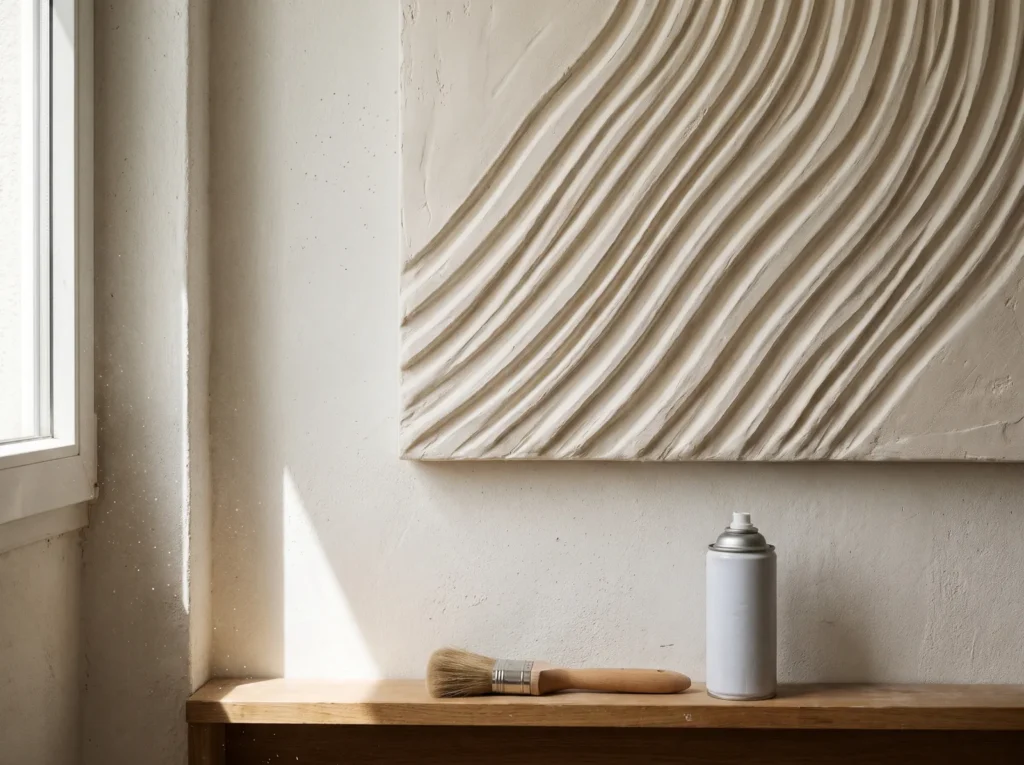 Soft drafting brush and compressed air beside the deep grooves of a plaster wave artwork, used for dry dusting.