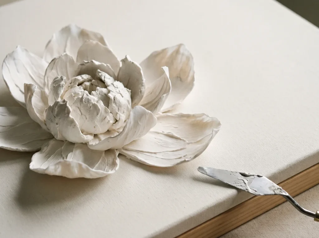 White plaster flower on canvas with thick center petals and thin palette-knife outer petals lifting off the surface.