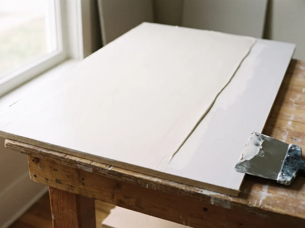 Wide putty knife next to a board with a thin, even skim coat of drywall mud over the primer.