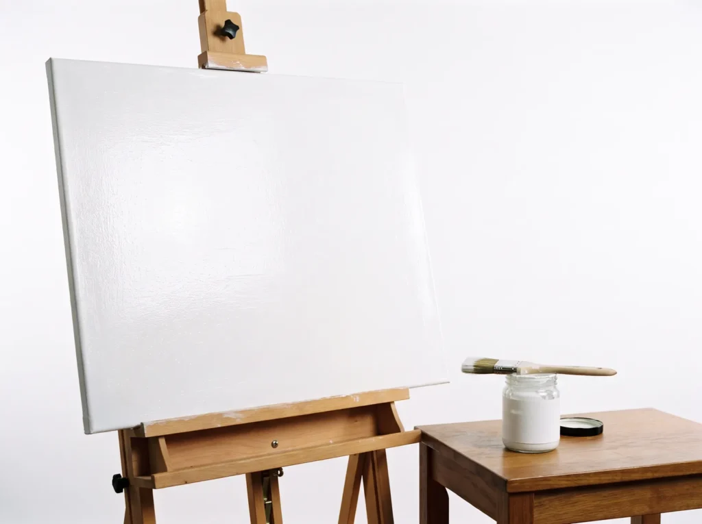 Blank canvas on an easel with a fresh coat of white gesso, a wide brush resting on the open jar.