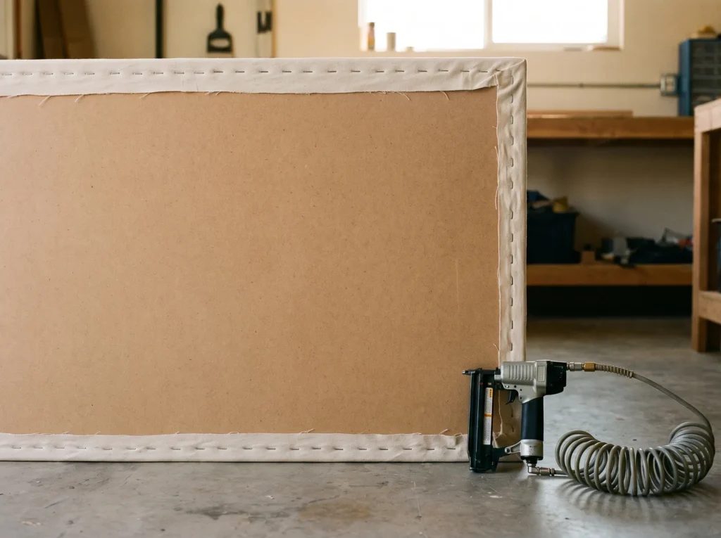 Back of an MDF board with drop cloth stretched tight and secured by closely spaced upholstery staples, with a pneumatic staple gun.