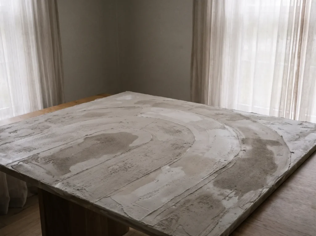 Wet joint compound art panel drying slowly and evenly in a cool shaded room, with the hairdryer set aside.
