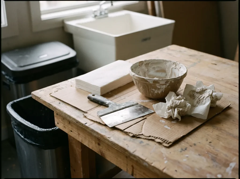 Putty knife and mixing bowl with leftover joint compound next to used paper towels, wiped clean before washing instead of in the sink.
