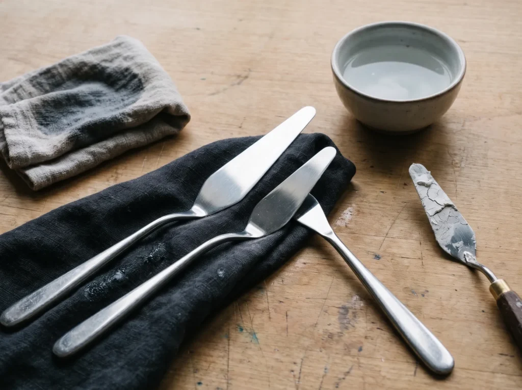 Steel palette knives being wiped clean with a damp cloth, next to one knife caked with hardened modeling paste.