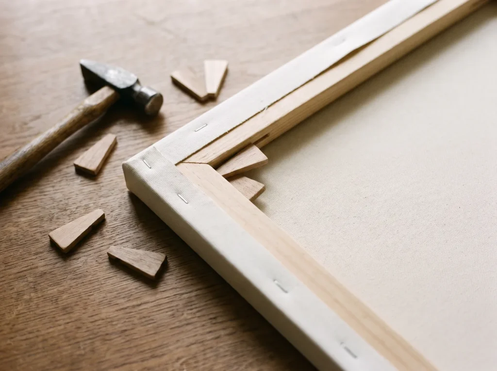 Wooden canvas keys tapped into the inner corner of the stretcher bars, with a small hammer beside them.